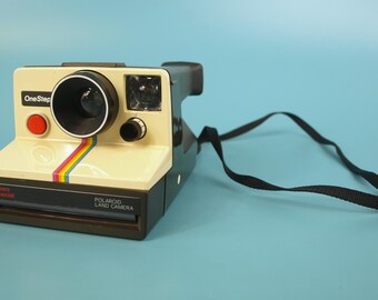 Vintage 1970s Polaroid OneStep Land Camera - White with Rainbow Stripe - Retro Prop / Untested As-Is