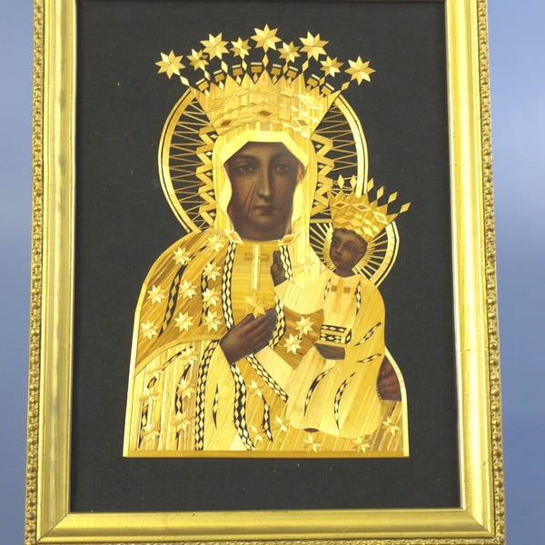 Vintage Black Madonna of Częstochowa / Our Lady of Częstochowa - Handcrafted Framed Straw Artwork from Poland - 11.75" x 9"