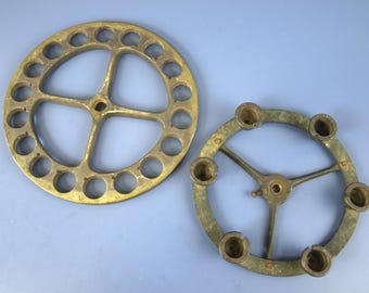 Antique Industrial Brass Wheels Set - 9.5" Numbered Indexing Plate & 7.75" Bottling Machine Starwheel - Steampunk Salvage Hardware