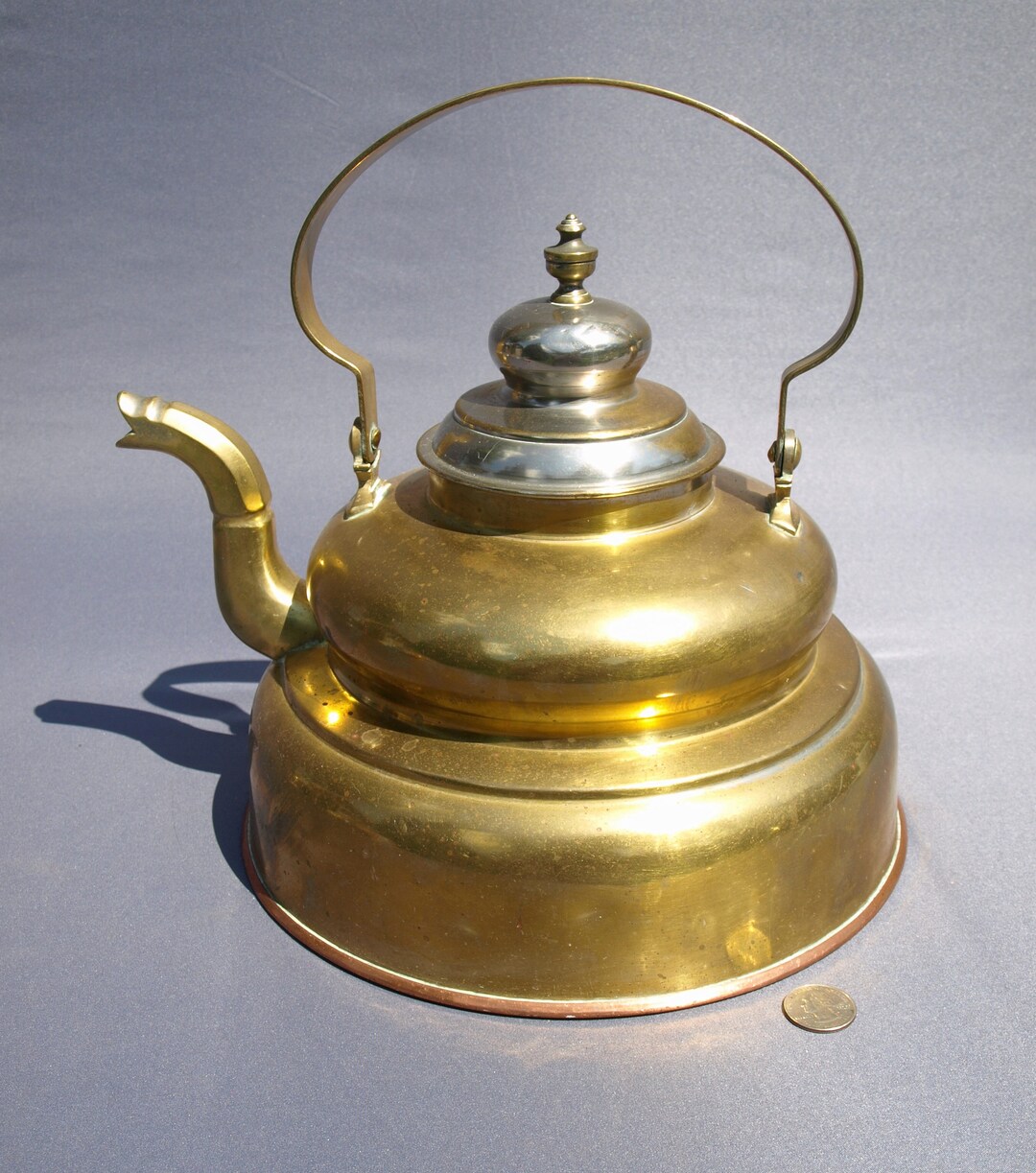Antique Very Large Brass Gooseneck Teapot Kettle Beehive Shape With Some Silver Plate and Copper