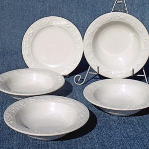 Vintage Homer Laughlin Best China USA FFC Small White Serving Bowls and Bread Plate with Fruit Embossed Rim - Cereal/Dessert/Fruit