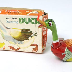 Vintage Inakita Tin Litho Running Duck Friction Toy From Japan with Original Box - Very Rare