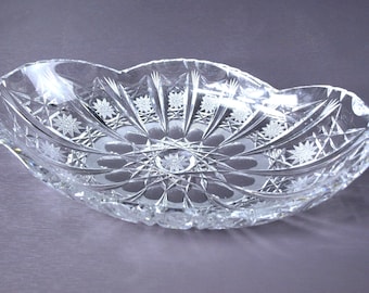 Vintage Cut Crystal Centerpiece Oval Fruit Bowl w/ Starbursts & Thumbprint Edge, Circa 1950's -  Likely made by Gorham Crystal - Stunning!