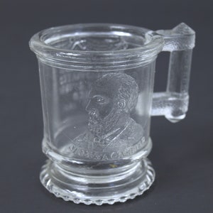 Antique 1881 Adams & Co. EAPG Miniature James Garfield Commemorative Mug depicting His Birth, Assassination Date and Death - VF