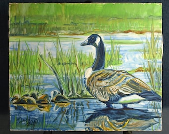 Beautiful Painting of a Mother Goose and Her Baby Goslings by David Vertigan - 20" H x 24" W - unframed