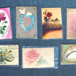 Cartões comemorativos vintage em relevo / cartões postais - Aniversário, Buck Hero, Boa sorte com rosa, Lembrança com concha - lote de 7