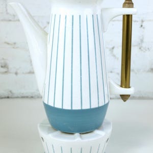 Vintage Rare MCM Teal Coffee Pot Carafe and Tea Candle Warmer - Ceramic w/ Brass & Wood Details Retro Mod Mid Century Coffee Set / Tea Set