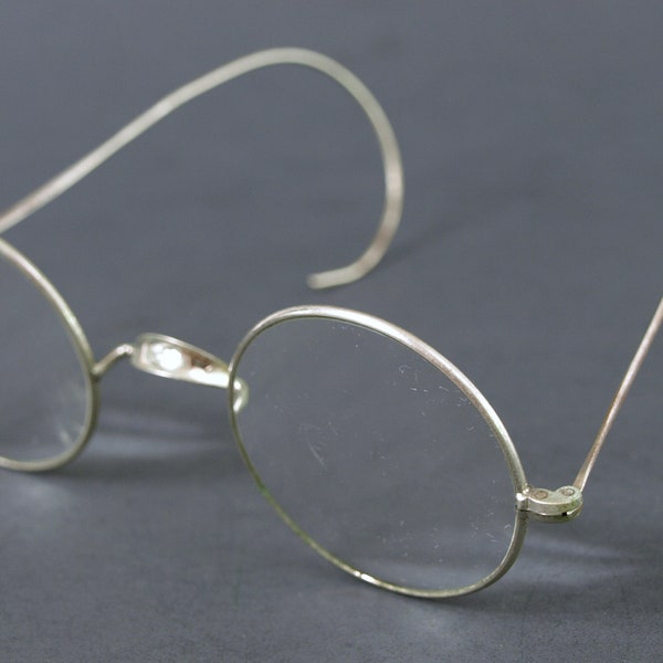 Antique Silvertone Round Wire Framed Prescription Eyeglasses w/ "Shur-On" Nose Bridge, Circa 1920's - Flexible Wire Temples - Good+