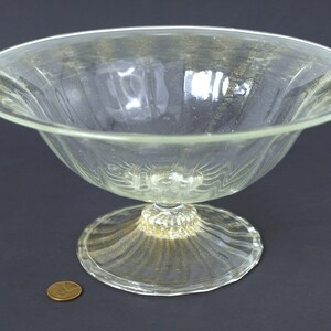 Hand Blown Footed Chesterfield Style Art Glass Compote Dish with Gold Inclusions - Gold Satin Iridescence