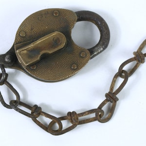 Antique Yale Large Brass and Iron Padlock with Shackle Chain and Dimpled Surface - Railroad Lock - No Key