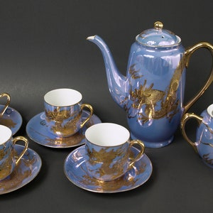 Japanese Mid Century Moriage Dragonware Demitasse Set Iridescent Blue Lusterware w/ Gold Dragons Coffee Pot, Cups, Sugar Bowl - CHIPPED CUP