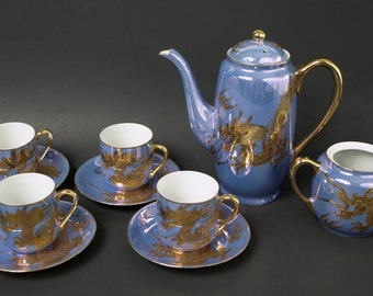 Japanese Mid Century Moriage Dragonware Demitasse Set Iridescent Blue Lusterware w/ Gold Dragons Coffee Pot, Cups, Sugar Bowl - CHIPPED CUP