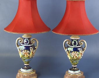 Vintage Capodimonte Porcelain Lamps w/ Custom Made Lamp Shades, 2 Lamps Included - Ancient Roman Symbolism & Forms - VG condition