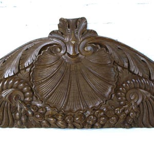 Antique Carved Walnut Pediment, c. 1800's - Architectural Salvage - Fruit, Shell & Scroll Carved Shapes - 47" W x 18" H x 2.5" Thick