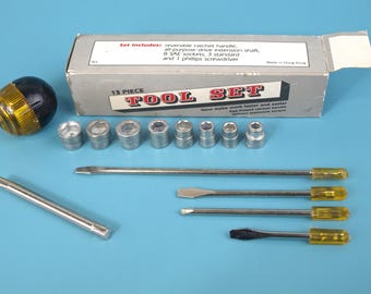 Vintage 13-Piece Specialty Tool Set with Egg-Shaped Ratchet Handle, Sockets and Screwdrivers