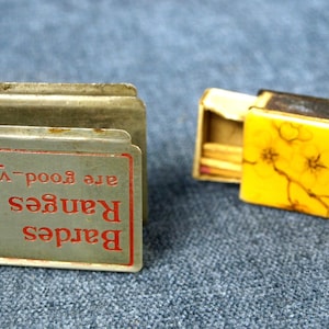 Antique Advertising Bardes Ranges Stove Metal Match Case and Vulcan Match Pack & Metal Yellow Flower Match Case - Salesman Promo Items