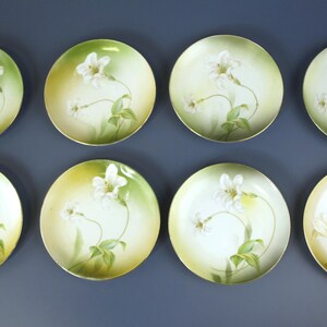 Puede incluir: Ocho platos redondos con un diseño floral. Cada plato presenta una flor blanca con hojas y tallos verdes, sobre un fondo degradado de amarillo y verde. Los platos están dispuestos en dos filas de cuatro.