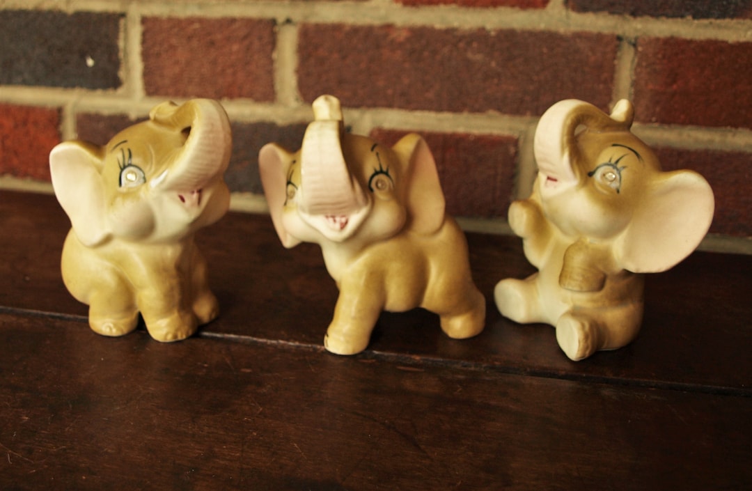 Vintage Porcelain Elephant Figurines Midcentury Japan Gray and Pink