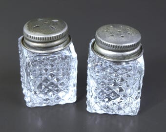 Vintage Square Diamond Point Pressed Glass Salt and Pepper Shakers with Metal Screw-On Cap