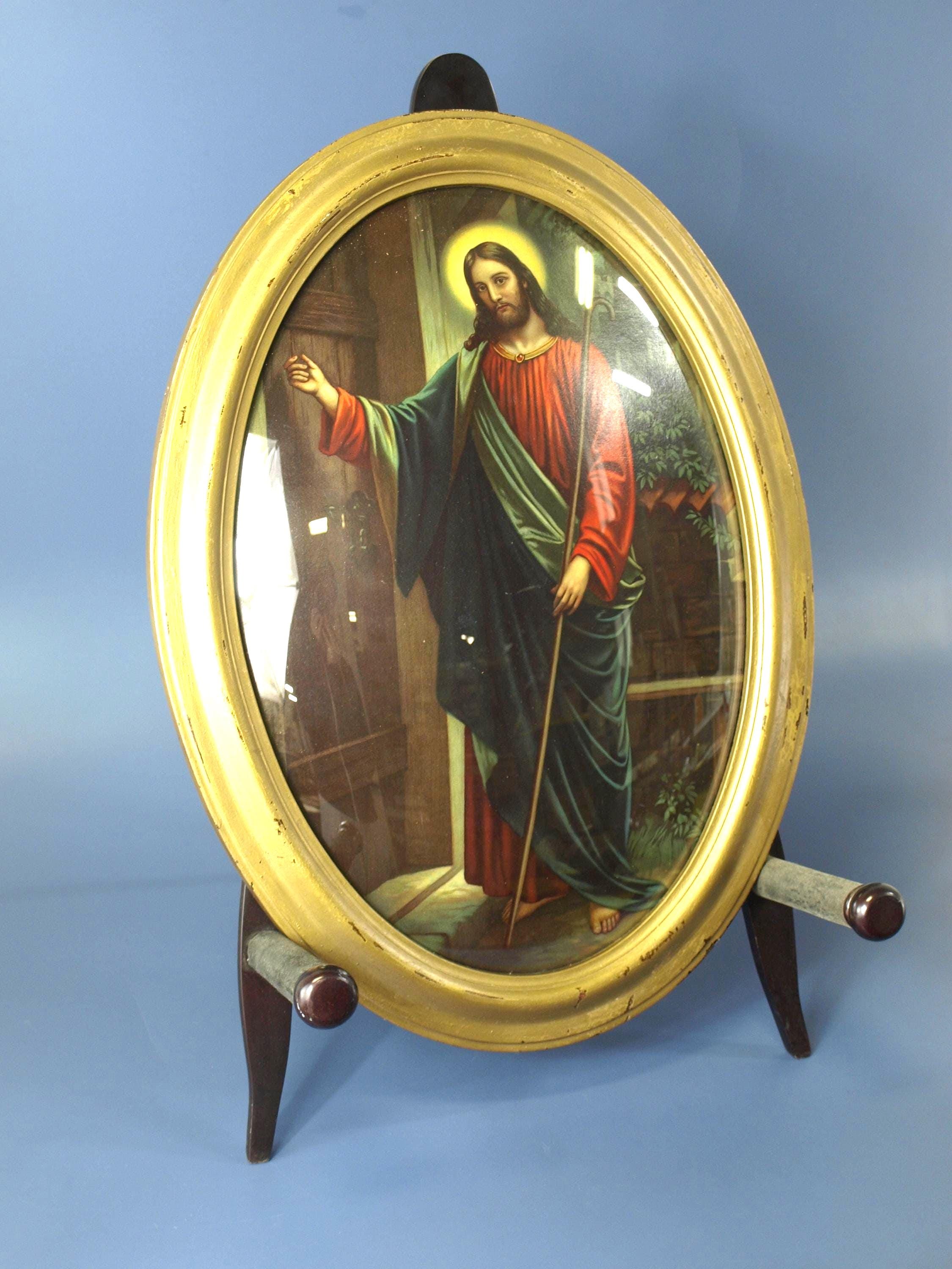 Vintage Convex Glass in Gold Oval Frame With Shepherd Jesus Knocking on ...