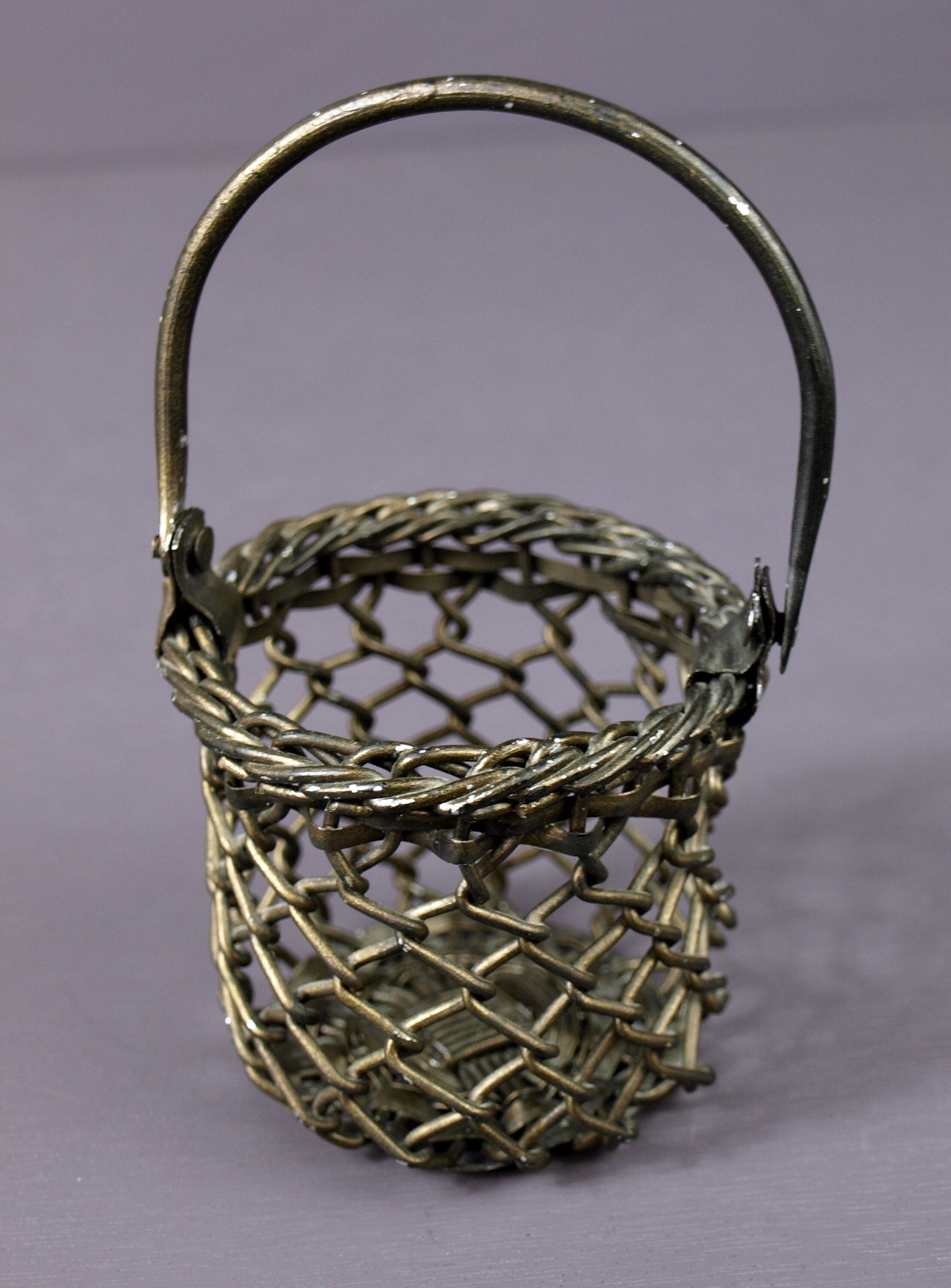 Vintage Woven Metal Wire Cylindrical Basket w/ Handle, Bronze Finish - 3" Diameter - Very Good Condition