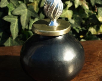 Handmade Ceramic Orb Perfume Bottle / Powder Jar in Pewter Gray / Black Glaze Finish with a Finial Lid Cork Cap