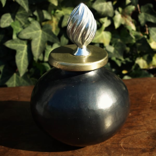 Handmade Ceramic Orb Perfume Bottle / Powder Jar in Pewter Gray / Black Glaze Finish with a Finial Lid Cork Cap