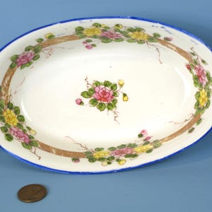 Vintage Small Japanese Double Handle Oval Serving Relish Dish with Hand Painted and Transfer Floral Border - Early 20th C Stamped Japan