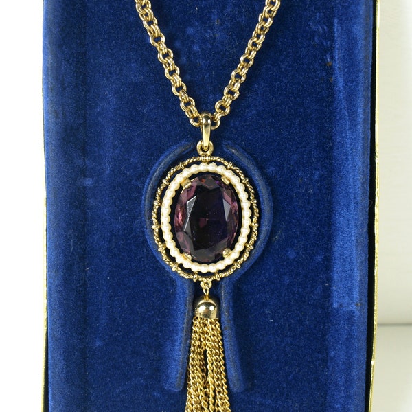 Vintage 1980s Avon Oval Amethyst & Pearl Pendant Necklace with Chain Tassel and Spring Ring Clasp