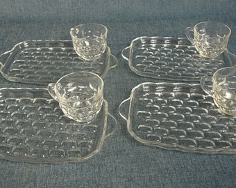 Vintage Federal Glass Company Colonial Yorktown Luncheon Plates 4 piece set w Tea Cups / Coffee Mugs w Thumbprint Pattern