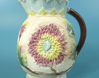 Antique Victorian Majolica Stoneware Pitcher with Chrysanthemum Flower Floral Pattern in Pink, Yellow and Light Blue - 6.75" tall