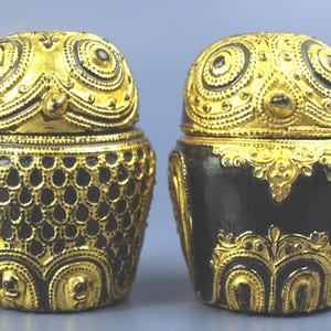 Vintage Burmese Owl Canopic Jars, Black Lacquered Wood with Gold Painted Embellishments- Thai Style - 4" High x 3" Diameter - Good condition