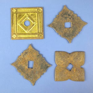 Antique Brass and Iron Art Deco / Victorian Cabinet Drawer Pull Back Plate Rosettes Lot of 4 Ornate Decorative Restoration Hardware