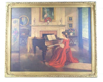 Sonata by M. Ditlef Large Lithograph Print on Board in Ornate Gold Finish Wood Frame - Victorian Woman Playing Piano - 33.5" W x 27.5" H
