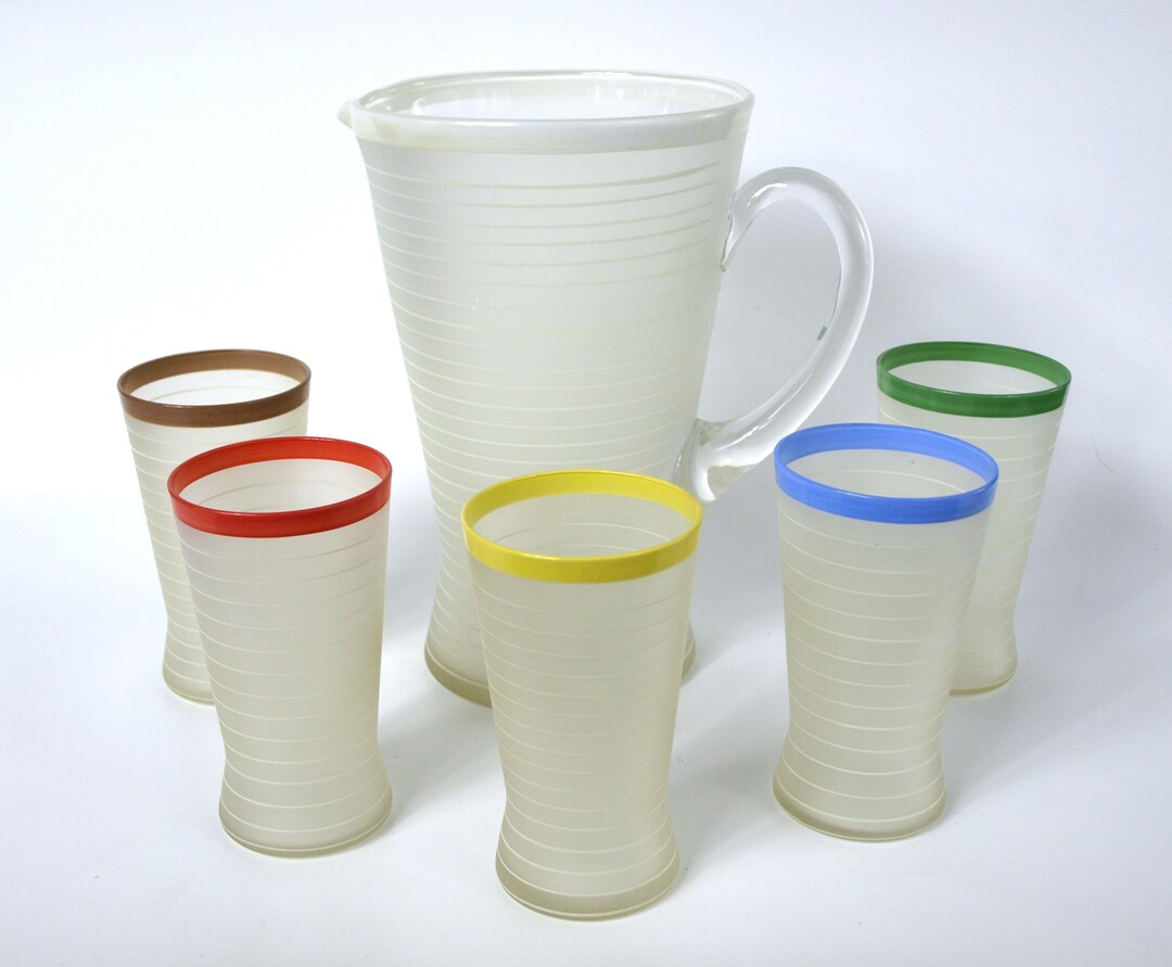 Vintage Frosted Glass Beverage Set Pitcher & 5 Glasses 48 Fluid Ounce
