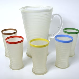Vintage Frosted Glass Beverage Set - Pitcher & 5 Glasses - 48 Fluid Ounce Pitcher w/ 8 fl oz glasses - Great Condition - Nifty 50&#39;s Styling
