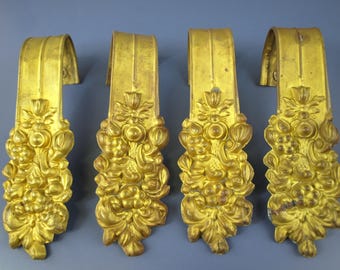 Antique Brass Curtain Tie-Backs Set | Embossed Rococo Drapery Holdbacks | Two Pairs (4 Pcs Total)