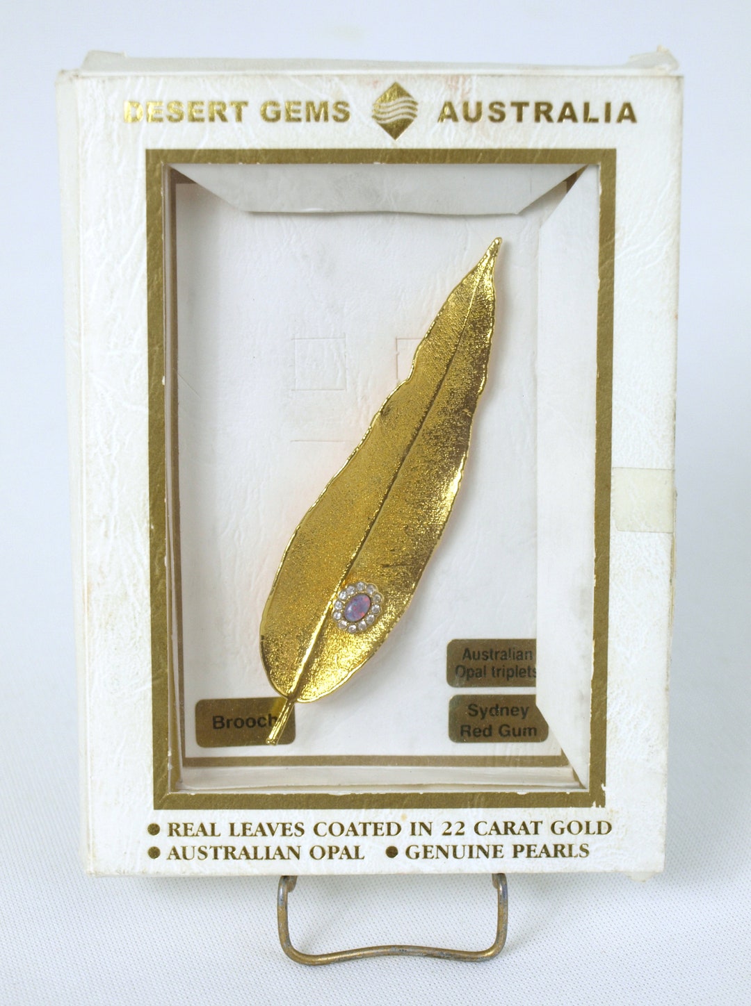 Vintage Desert Gems Australia Red Gum Leaf Brooch W/ Australian Opals