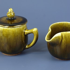 Vintage Thai Celadon Retro Mod Stoneware Creamer and Sugar Bowl Studio Pottery with Organic Green Drip Glaze – Stamped w Marker's Mark