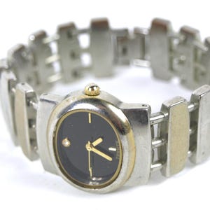 Vintage BIJOUX TERNER Women&#39;s Quartz Wrist Watch - Black Dial w/ Diamond Point & Silver tone Bracelet Wrist Band w/ Fold-Over Clasp - Works
