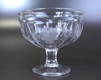 Vintage Etched Floral Glass Footed Dessert Bowl or Champagne Coupe with Paneled Design
