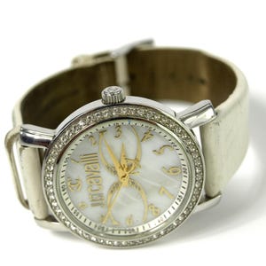 Vintage Just Cavelli Quartz Fashion Wrist Watch - Stainless Steel & Water Resistant - White Leather Wrist Band - In Working Condition