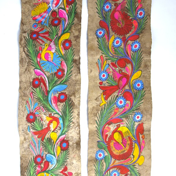 Vintage Mexican Amate Paintings, Set of 2 -  Mexican Folk Art Paintings on Bark Paper - Unsigned - Each nearly 35" High x 8" Wide, Unframed