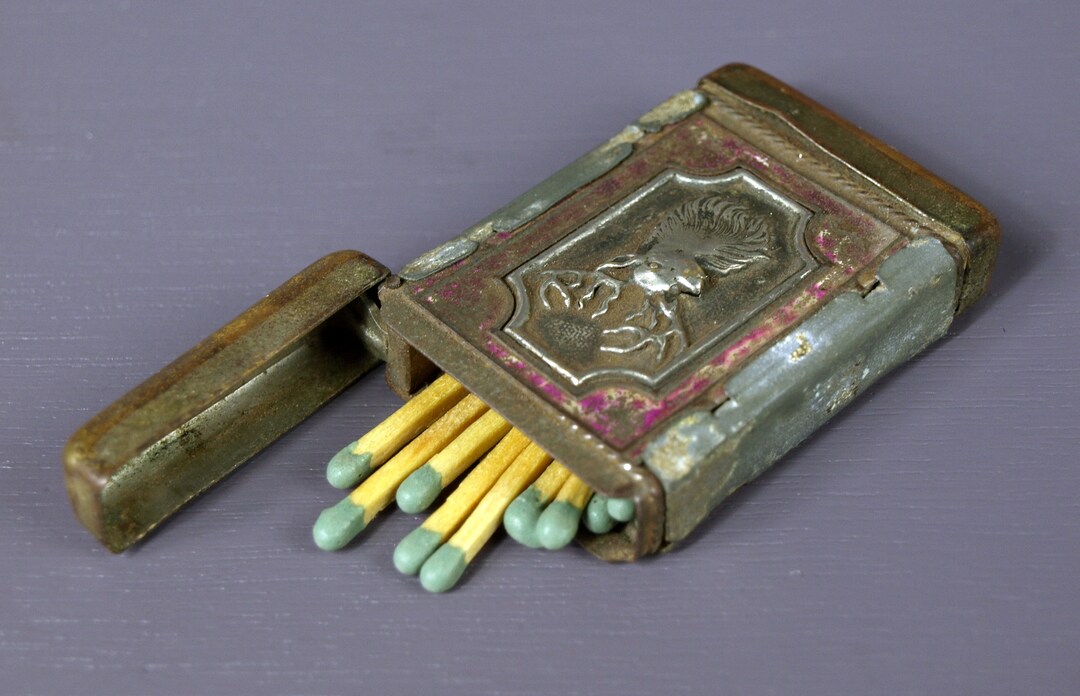 Antique Metal Match Box Case W/ Hinged Lid Featuring Elk Design, Circa