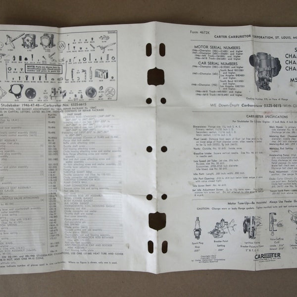 Studebaker Champion 5G 6G 7G 1946 - 1948 & M5-M15 Trucks 1946-1947 Carter Carburetor Corp 1953 Form 4672K Instruction Sheet