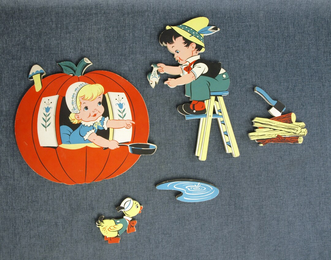 Vintage Set of Pressboard Cutouts From the Dolly Toy Co. Peter Pumpkin Eater Nursery Rhyme Wall
