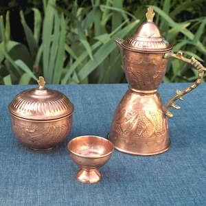 Vintage Hand Tooled / Hammered / Stamped Middle Eastern Copper Teapot, Sugar Bowl and Tea Cup set with Brass Handle and Spout