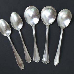 Antique Mixed Lot of Silver Plated Spoons - 3 Jam Servers & 2 Teaspoons - None Matching - 5 Pieces Total, VG