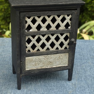 Vintage Cast Iron Miniature Cupboard Pantry - Mini Doll Furniture - Black and Silver with Faux Wood Grain and Lattice