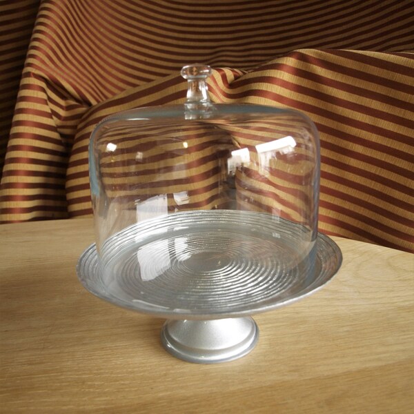 Small Silver Glass Pedestal Cake Plate with High Clear Glass Dome Lid